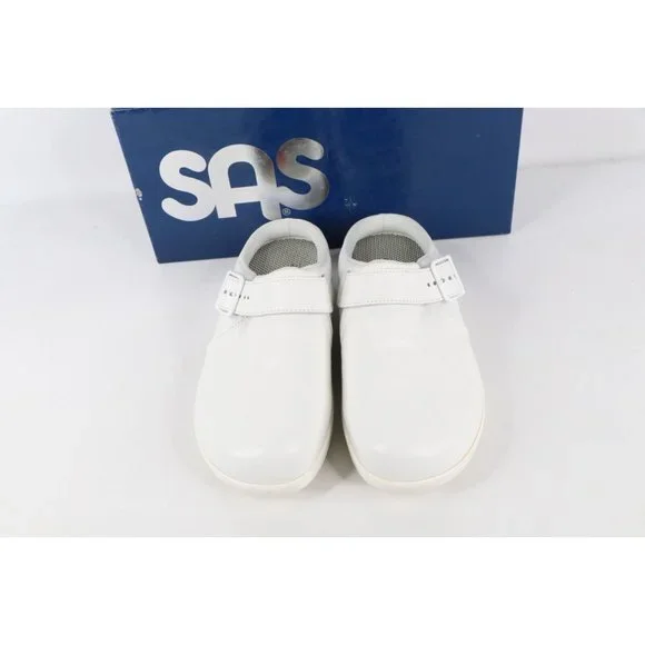 New SAS San Antonio Shoemakers Womens 7 M Leather Buckle Clogs Shoes White USA